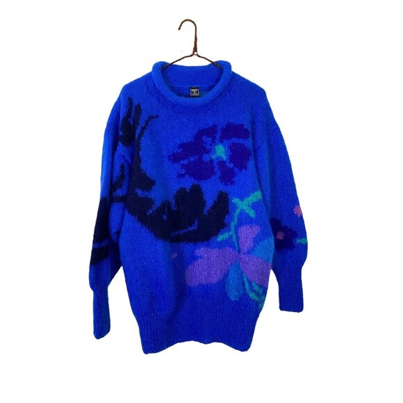 Gennie De Lange Hand Knit New Zealand Blue Mohair Art Floral Abstract Sweater